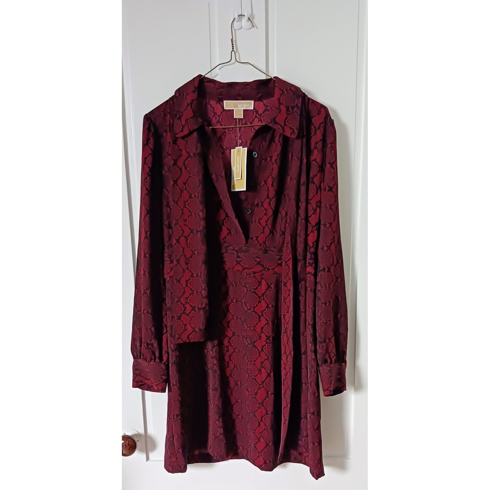 Michael Kors Burgundy/Black Knee-Length Button-Up Dress With Matching Scarf